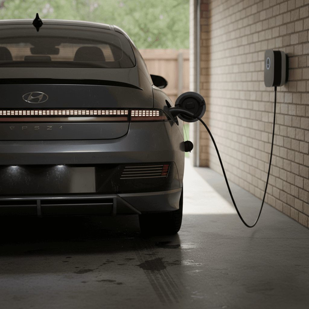 Hyundai Ioniq 6 electric sedan charging at a home wallbox, rear three-quarter view highlighting its sleek tail lights and sloping roofline