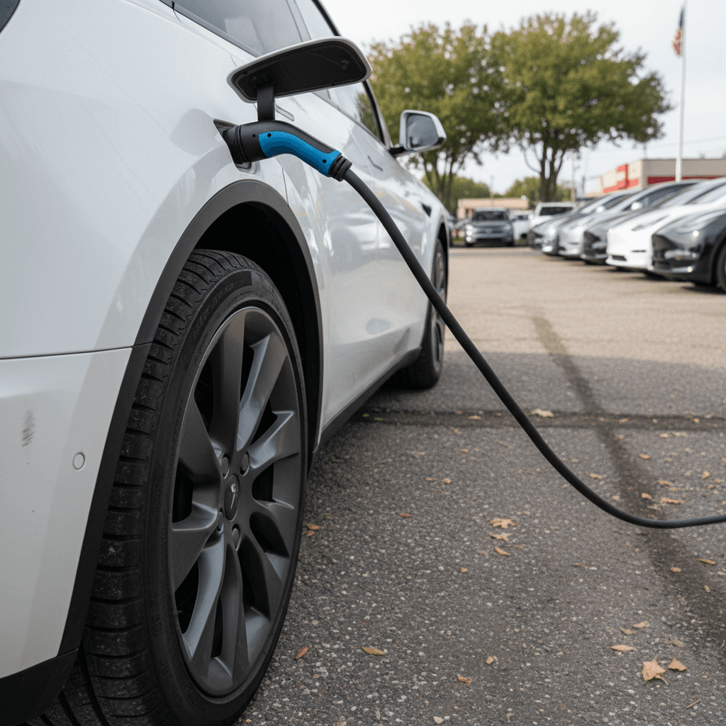 Used 2023 Tesla Model Y parked in a lot with clean paint and wheels, ready for resale