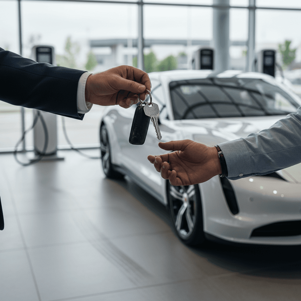 Seller handing keys of a white 2023 Porsche Taycan to a buyer at a modern EV-focused dealership with charging stations visible.