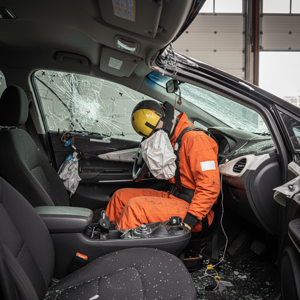 Chevy Bolt EUV interior showing deployed front and side curtain airbags after simulated impact