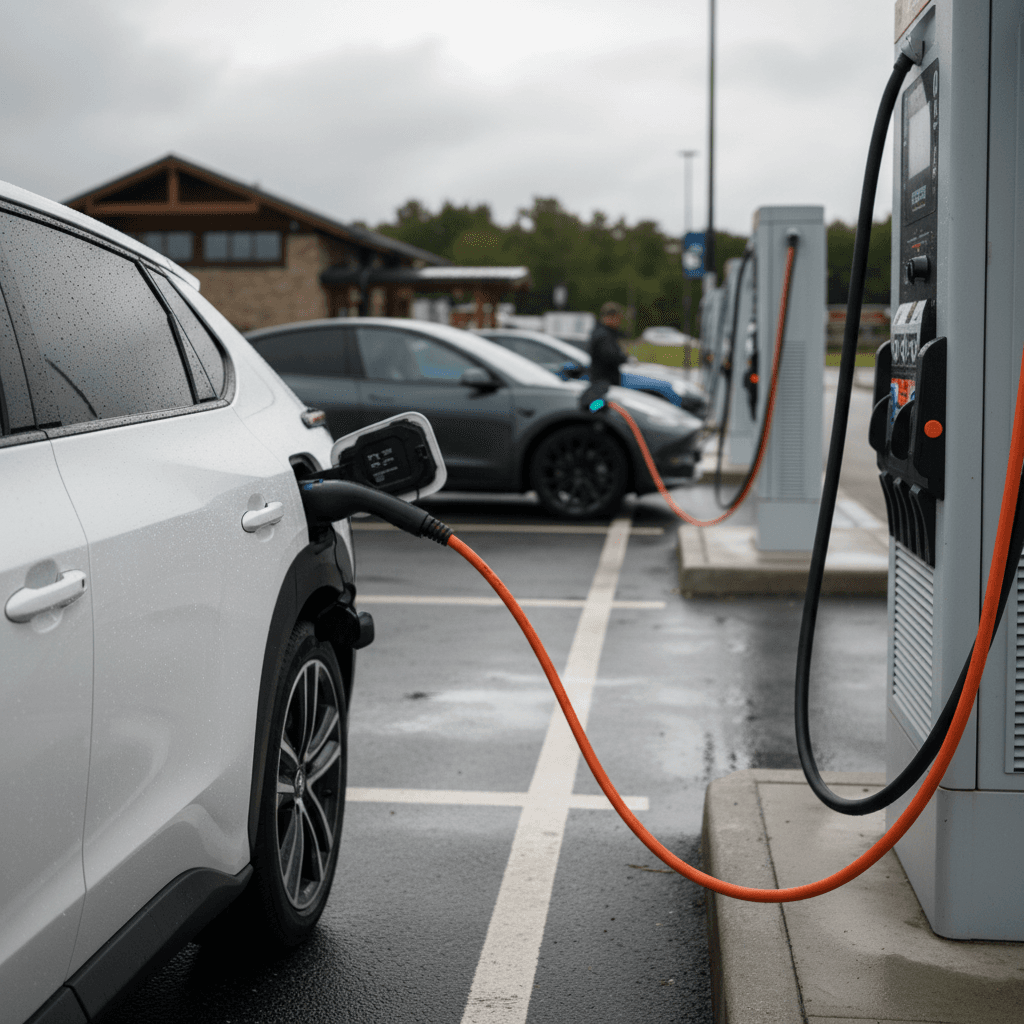 Toyota bZ4X charging at a highway DC fast-charging station during a road trip