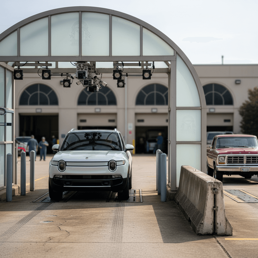 Georgia emissions testing station with a separate lane where an electric car bypasses testing