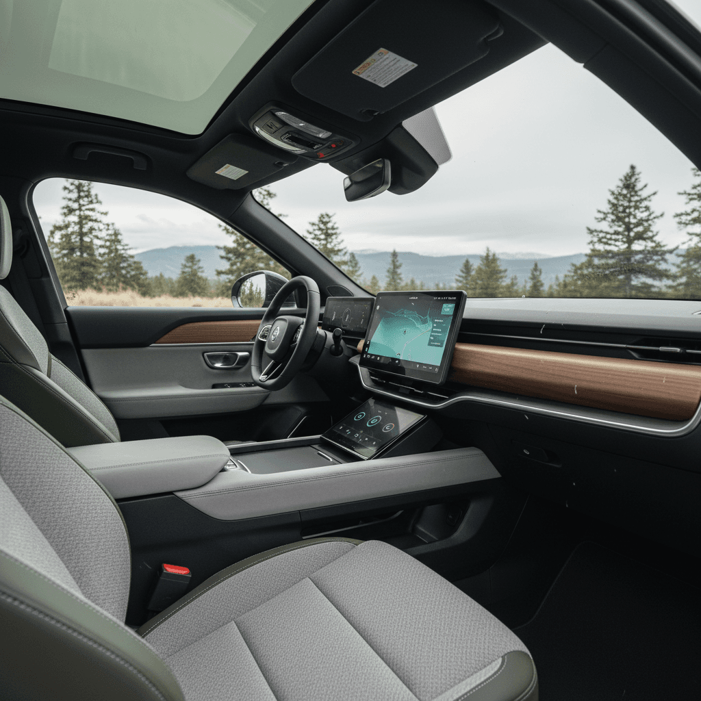Spacious three-row EV interior with panoramic glass and large central touchscreen
