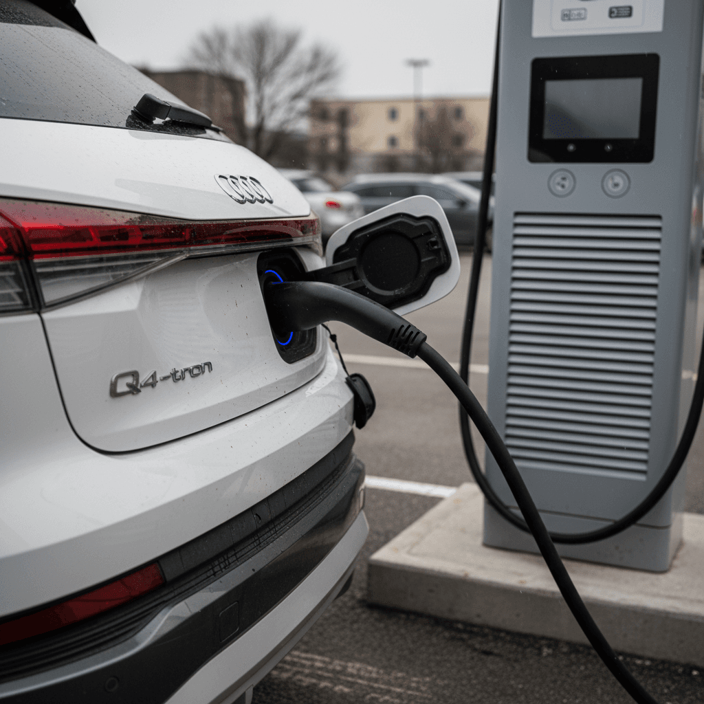 Audi Q4 e-tron charging at a public fast-charging station, rear three-quarter view