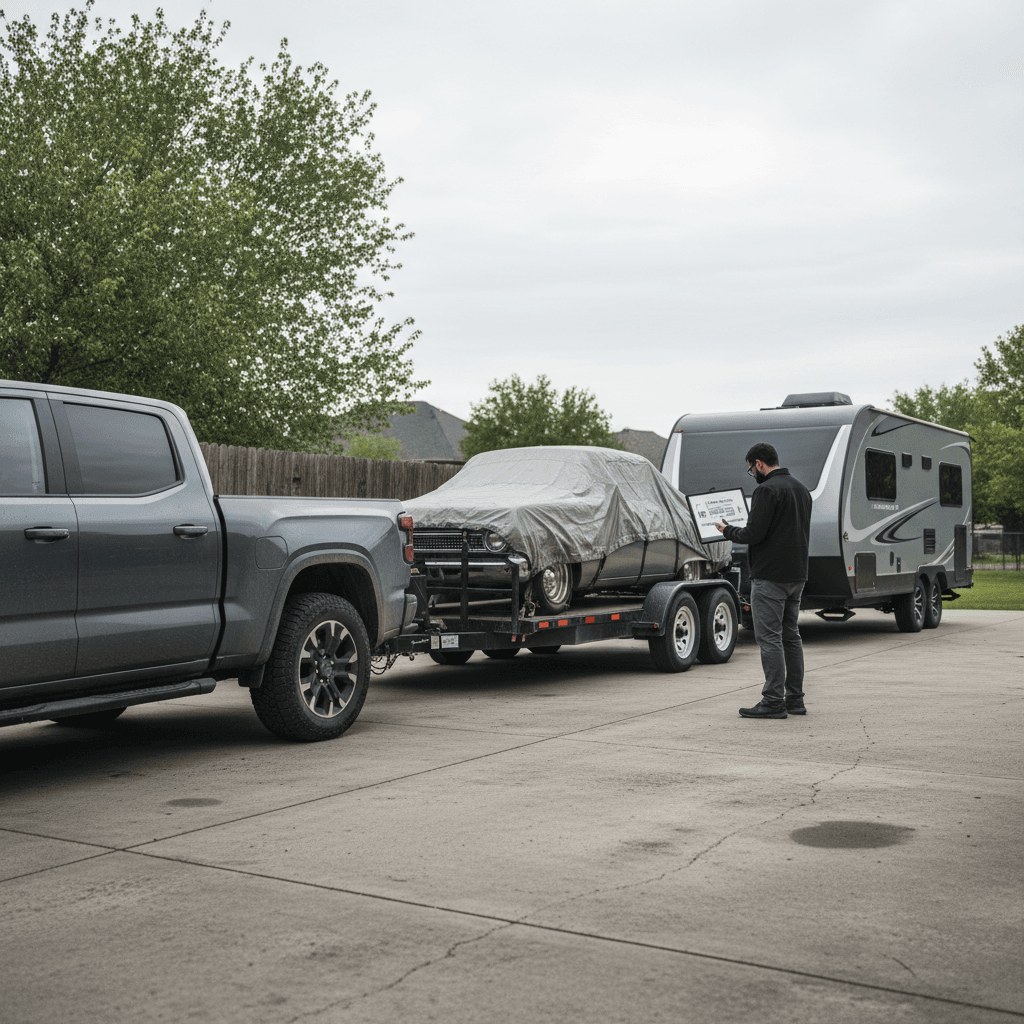 Electric SUV and pickup truck each attached to different trailers in a driveway while the owner reviews towing stats on a tablet