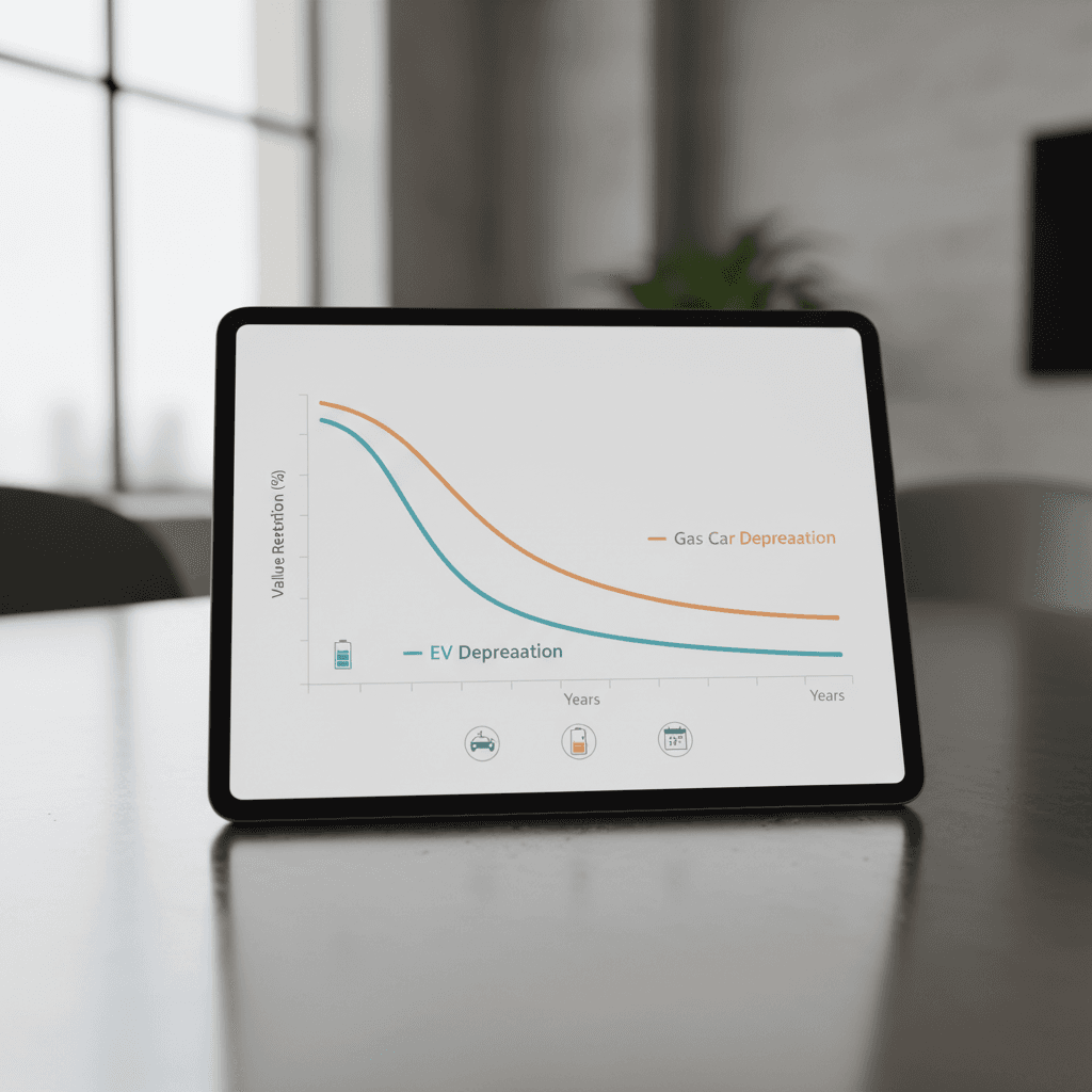 Side-by-side depreciation curves for an EV and a gasoline car over five years, showing steeper early drop for the EV