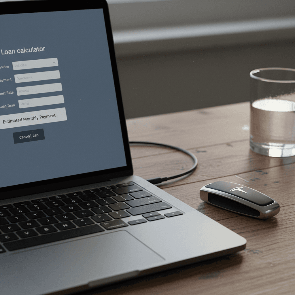 Laptop displaying a car loan calculator on screen next to a Tesla Model X key fob on a desk