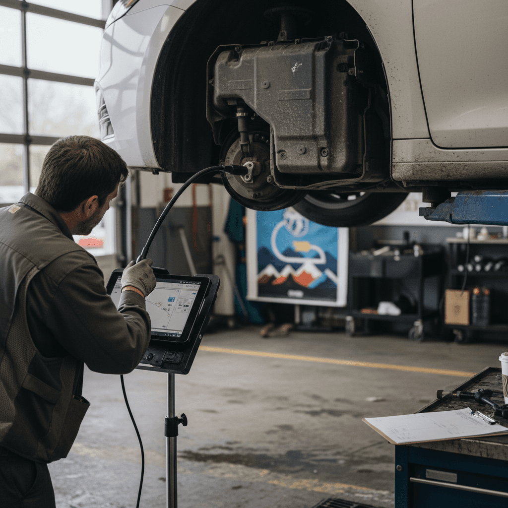 Technician performing a detailed inspection on a used electric car inside a service bay