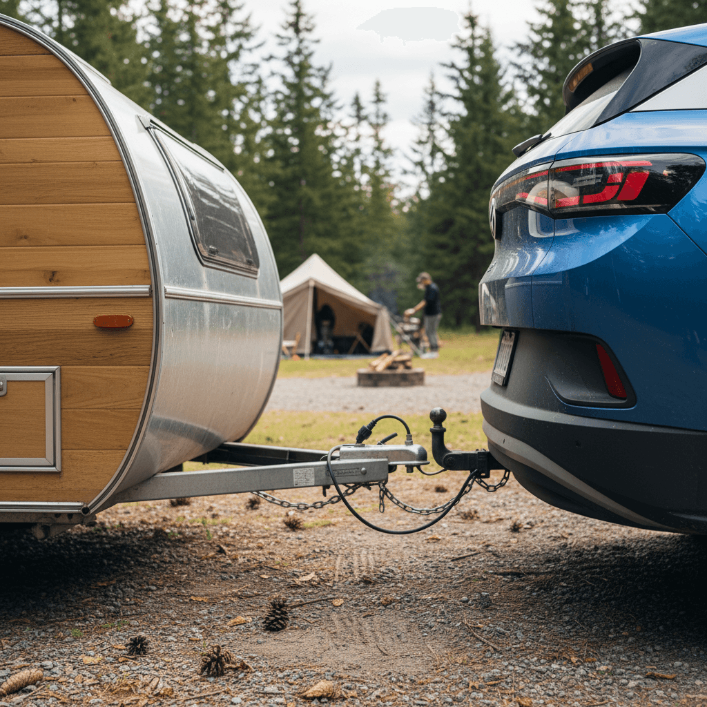 Volkswagen ID.4 with a small camping trailer attached to the rear tow hitch at a wooded campsite