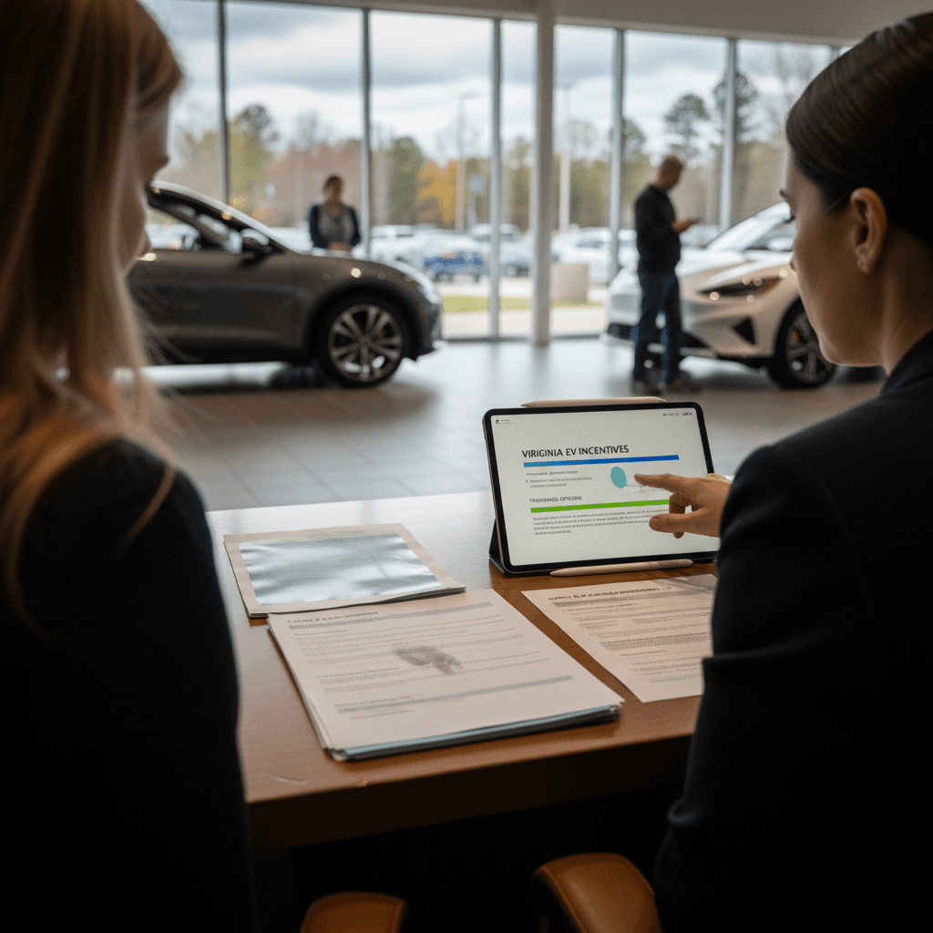 Customer walking through a used EV purchase with a consultant who is explaining available incentives and financing options on a tablet