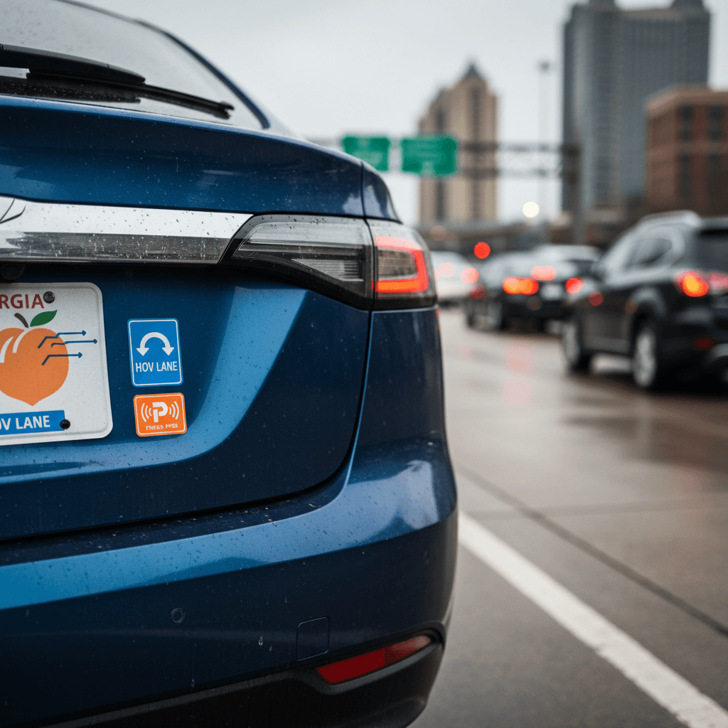 Georgia AFV license plate on an electric vehicle in Atlanta traffic