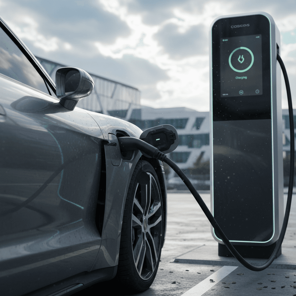 Porsche Taycan charging at a high-power DC fast charger at a modern station