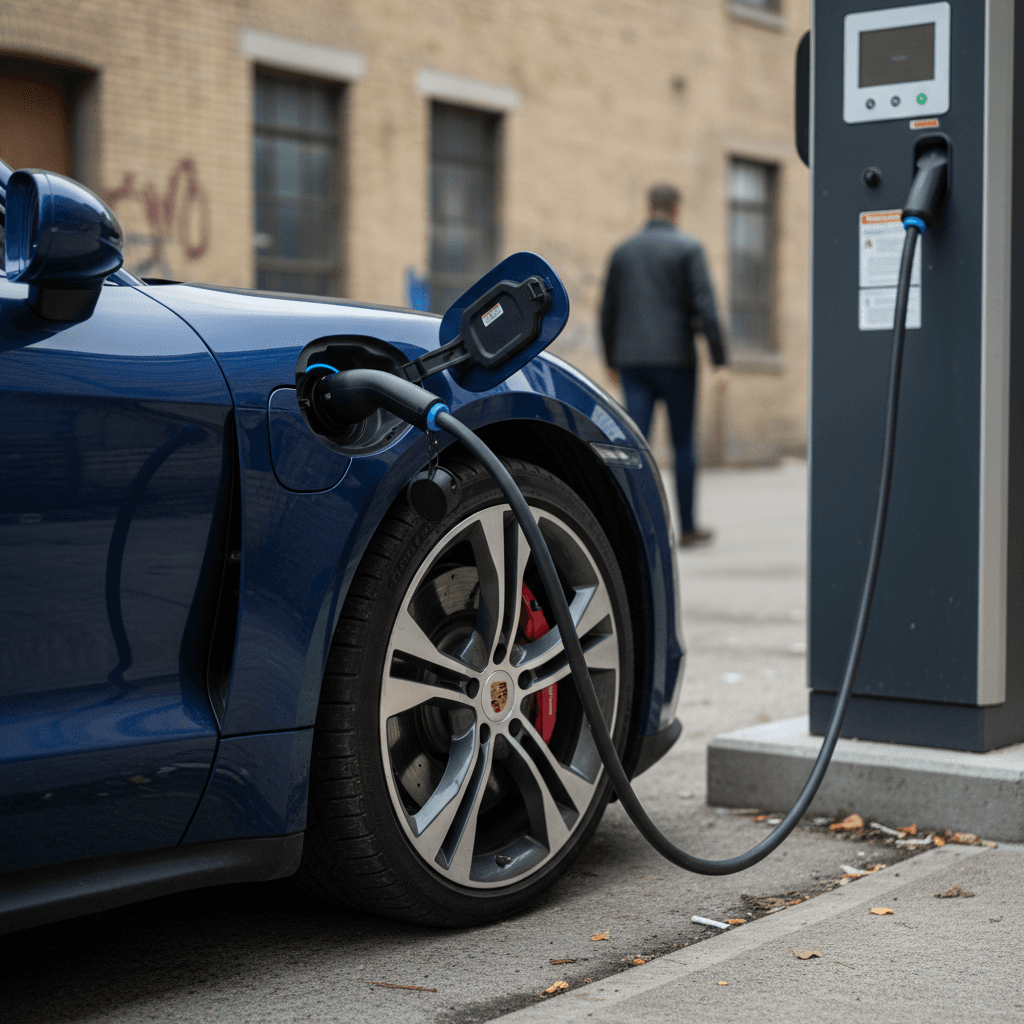 Close-up of a 2020 Porsche Taycan plugged into a DC fast charger, highlighting the charging port and wheel design.