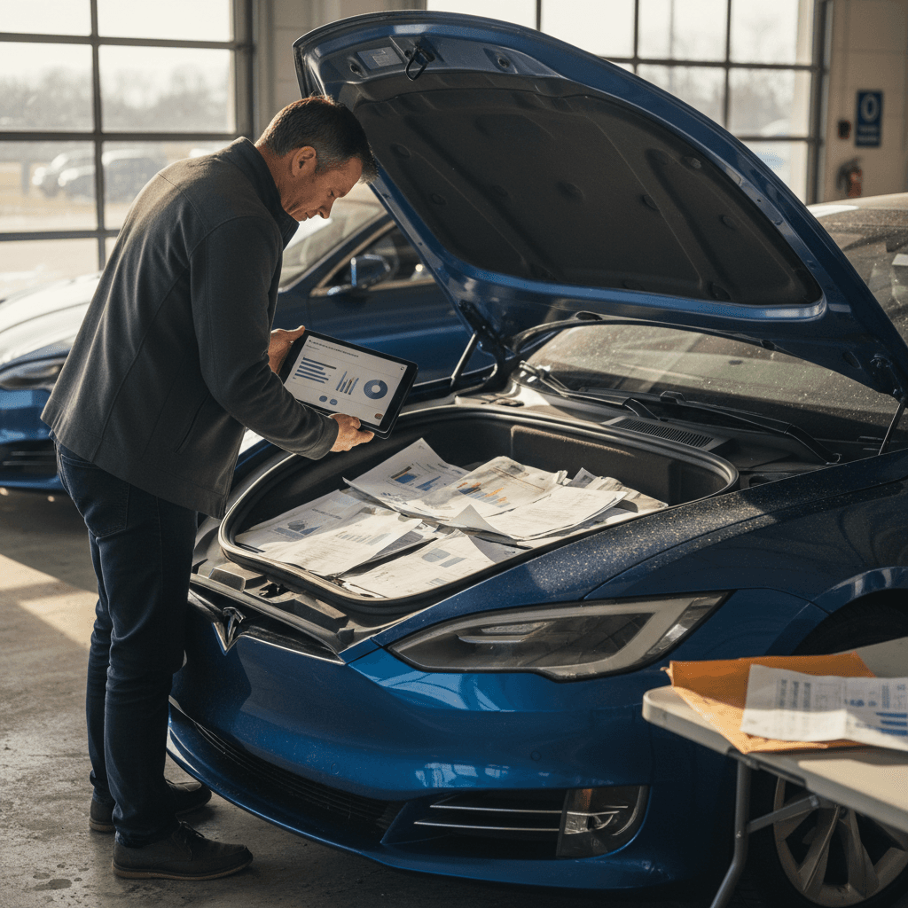 Seller reviewing a printed battery health report and service records next to a Tesla Model S before listing it for sale