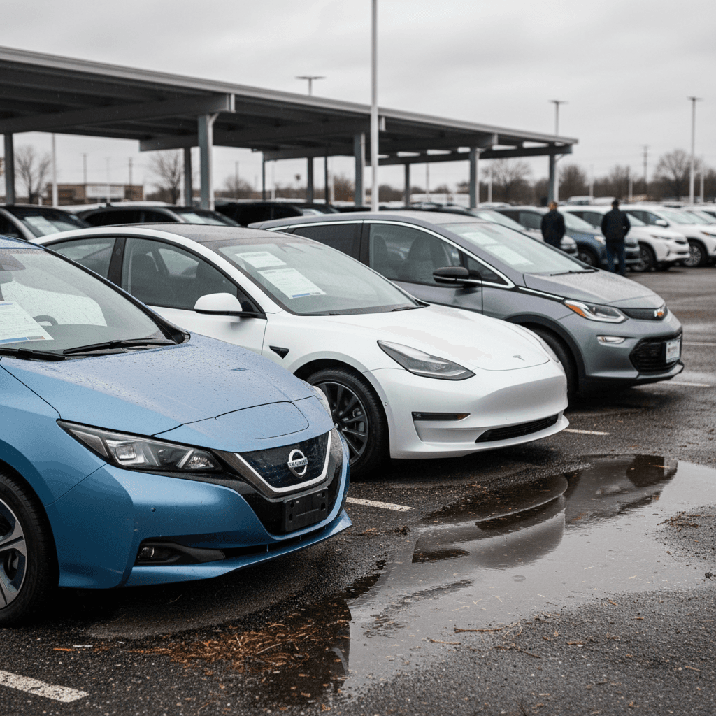 Row of used electric vehicles parked at a dealership lot with price stickers on the windshields