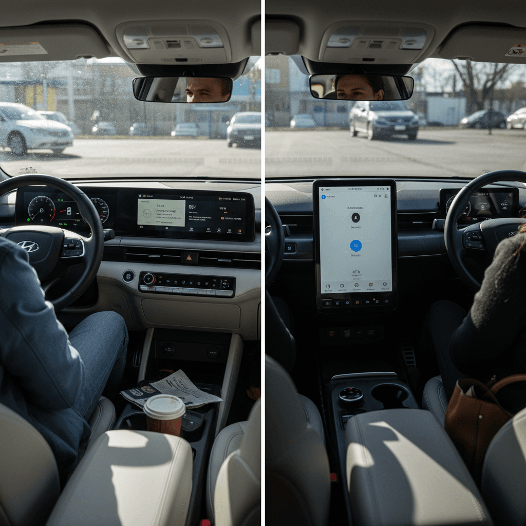 Side-by-side interiors of a Hyundai Ioniq 5 and Ford Mustang Mach-E showing modern dashboards and spacious cabins.