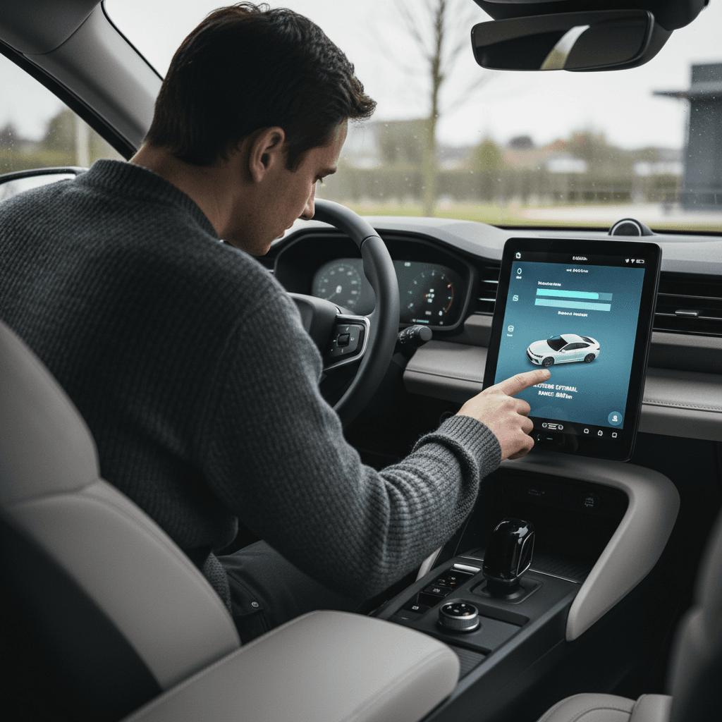 Driver interacting with the central touchscreen of a Polestar 2, reviewing vehicle status and settings