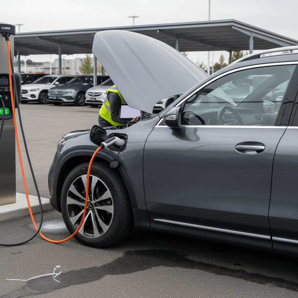 Technician checking battery data and range on a used Mercedes EQB at a charging station