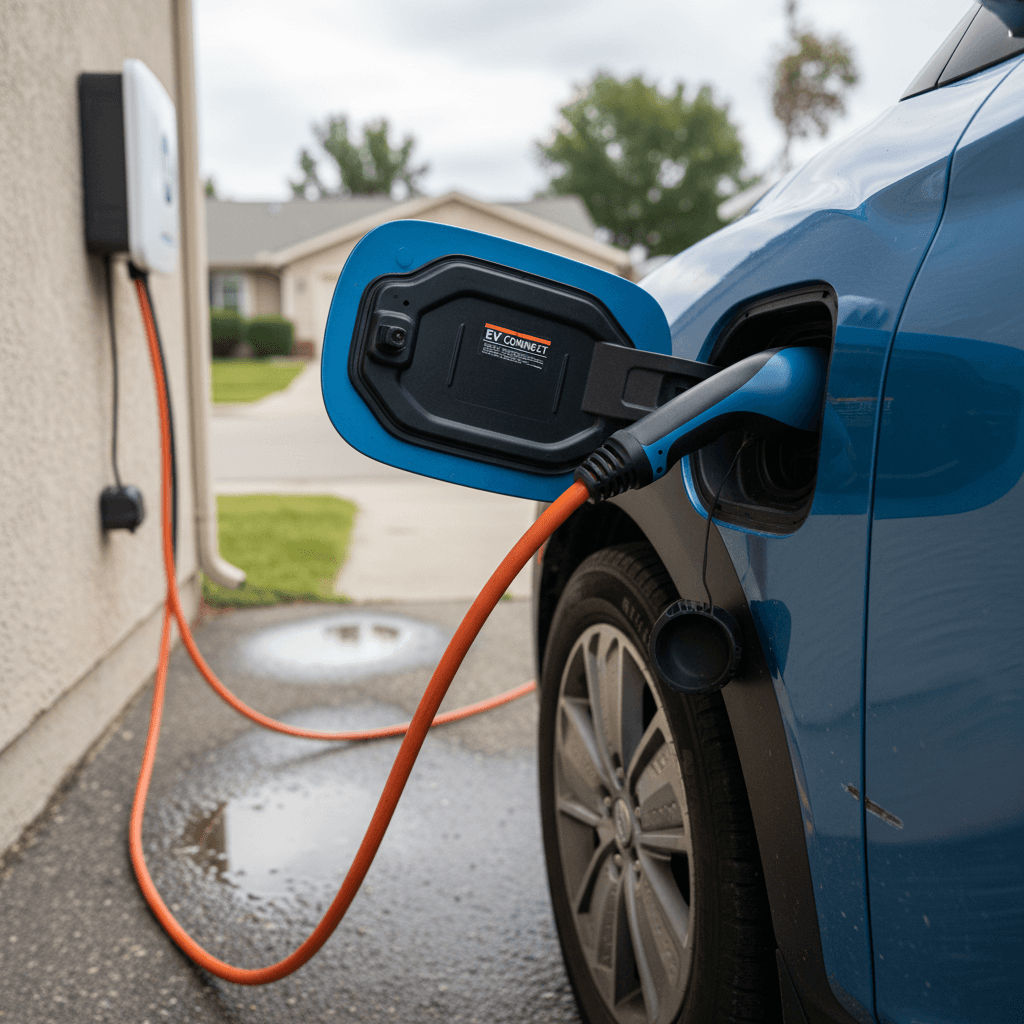 A blue 2020 Hyundai Kona Electric connected to a home Level 2 charger in a suburban driveway