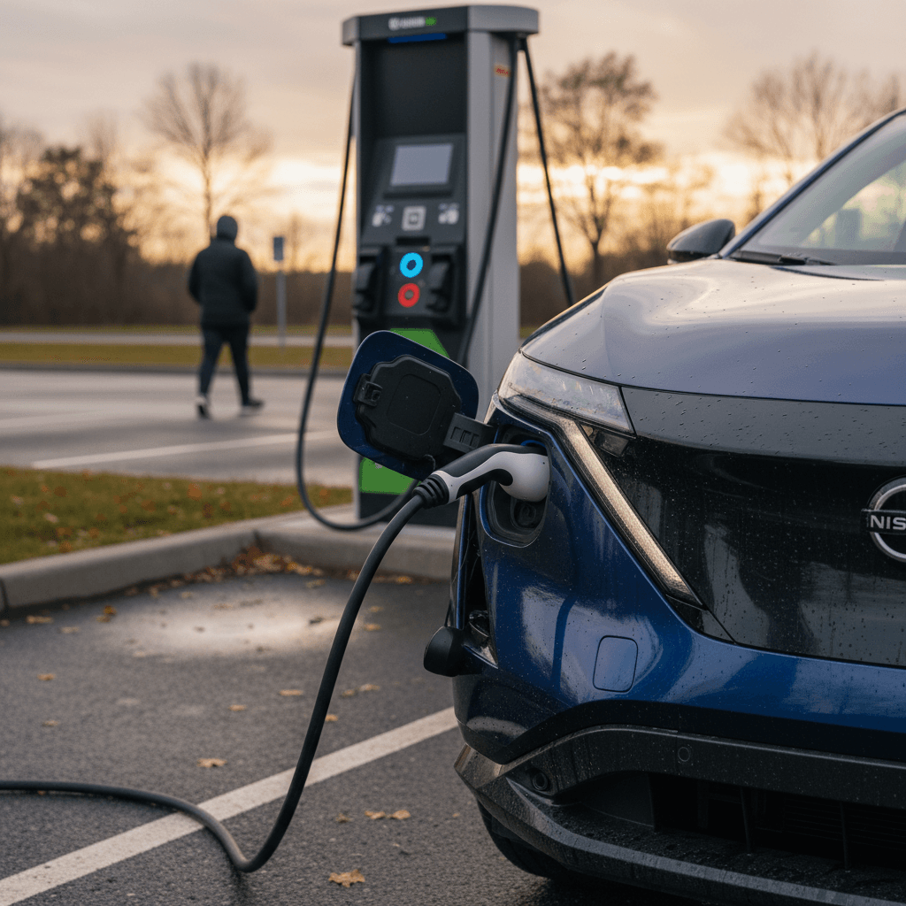 Nissan Ariya plugged into public DC fast charger showing charging status on front display