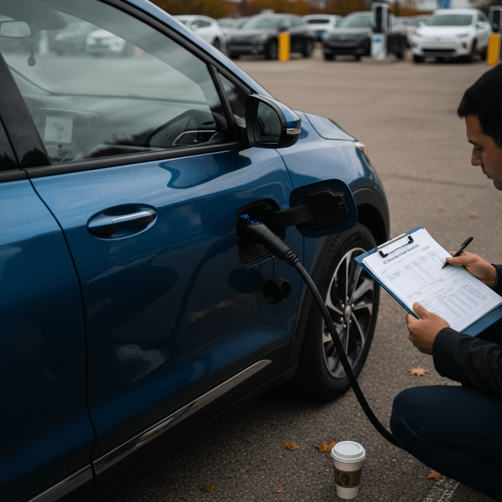 Owner of a 2023 Chevrolet Bolt EUV reviewing battery health and resale value paperwork while the car charges in a driveway