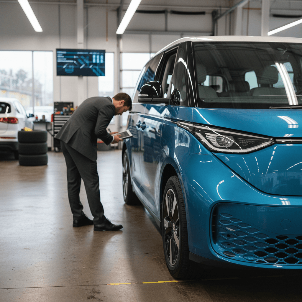 Technician running a battery health diagnostic on a Volkswagen ID. Buzz in a service bay