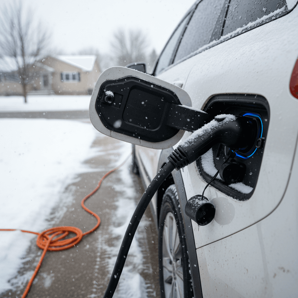 Kia Niro EV plugged into a home charger in a driveway lightly covered with snow