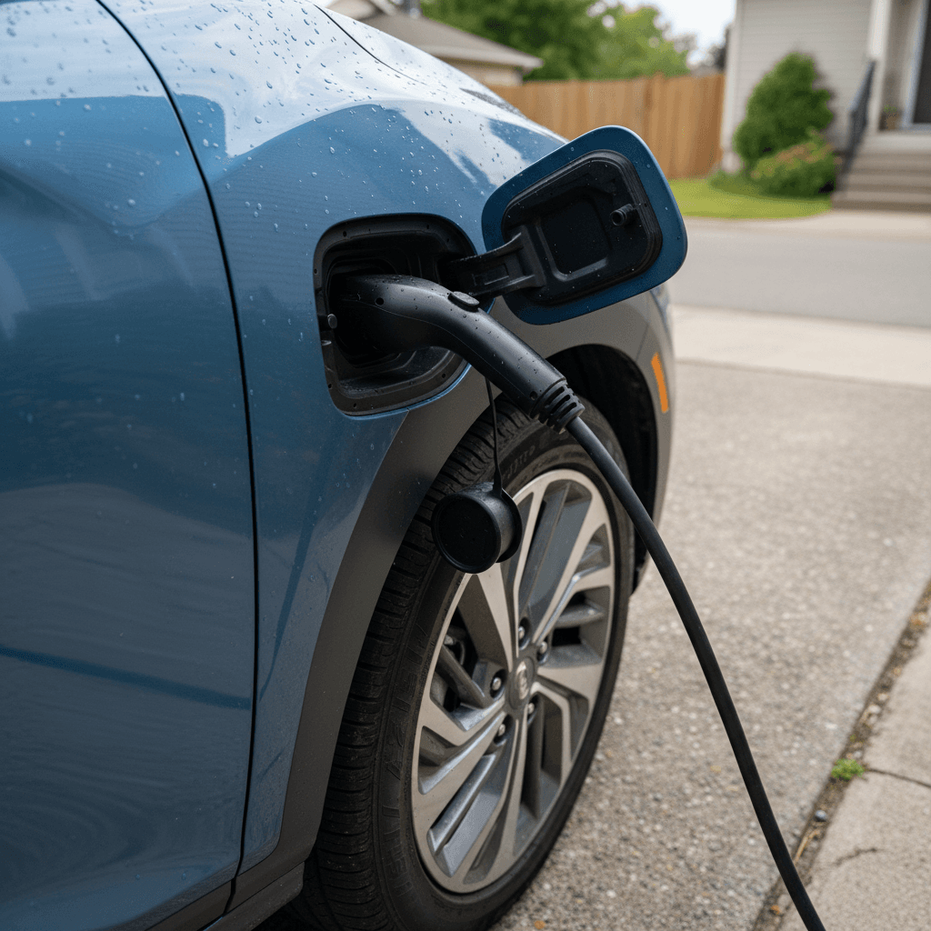Close-up of a 2024 Hyundai Kona Electric plugged in at a home charger, highlighting the charge port and wheel
