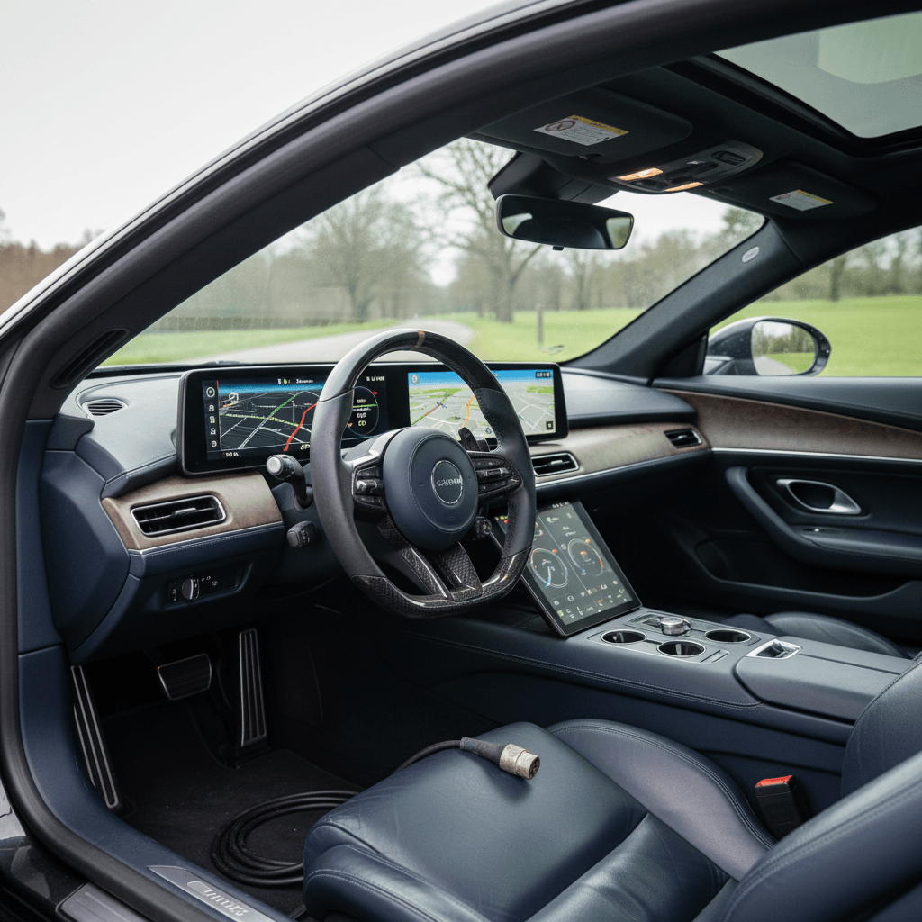 Electric sports car plugged into a DC fast charger at night