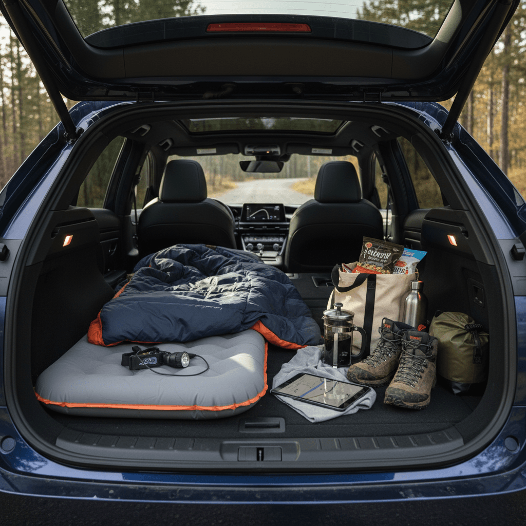 Lexus RZ 450e rear seats folded with a compact camping mattress laid across the cargo floor