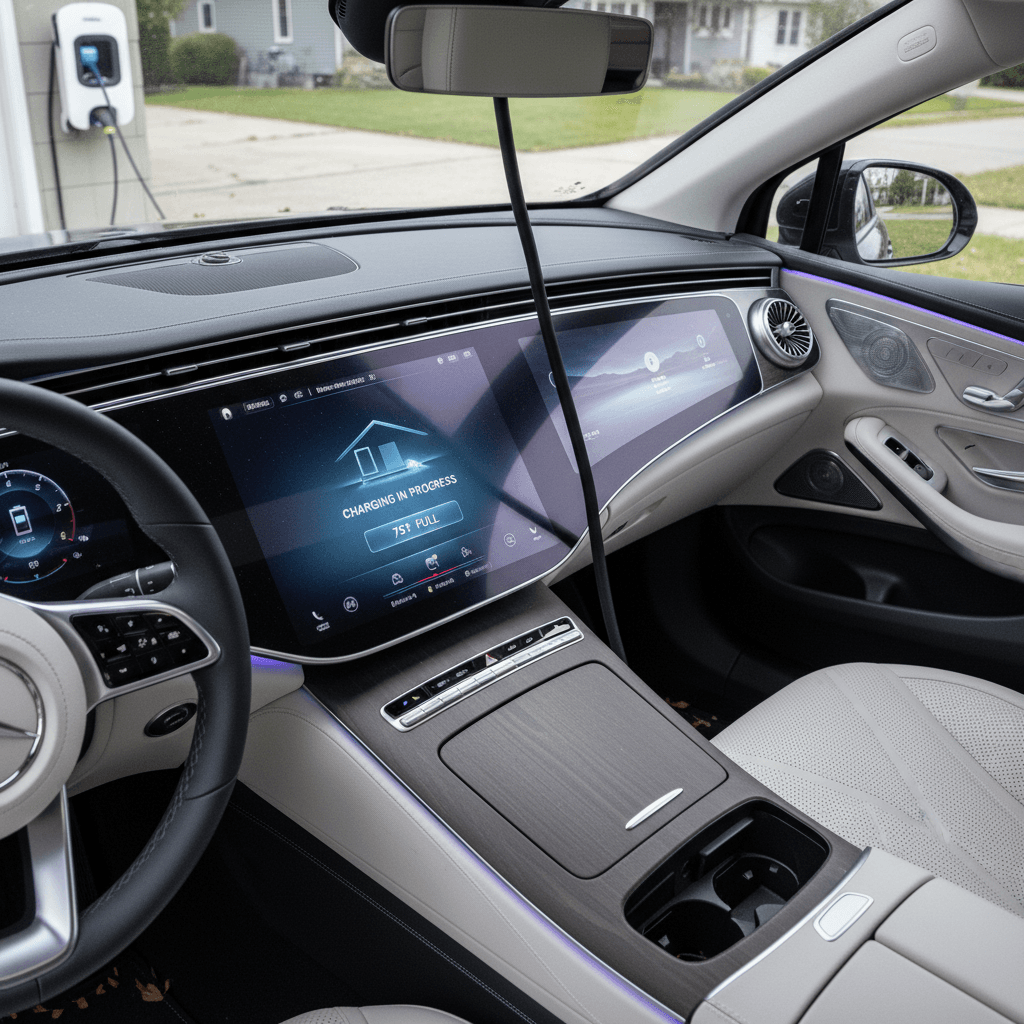 Interior of a 2024 Mercedes EQS sedan showing the full-width hyperscreen and ambient lighting while plugged in at a home charger