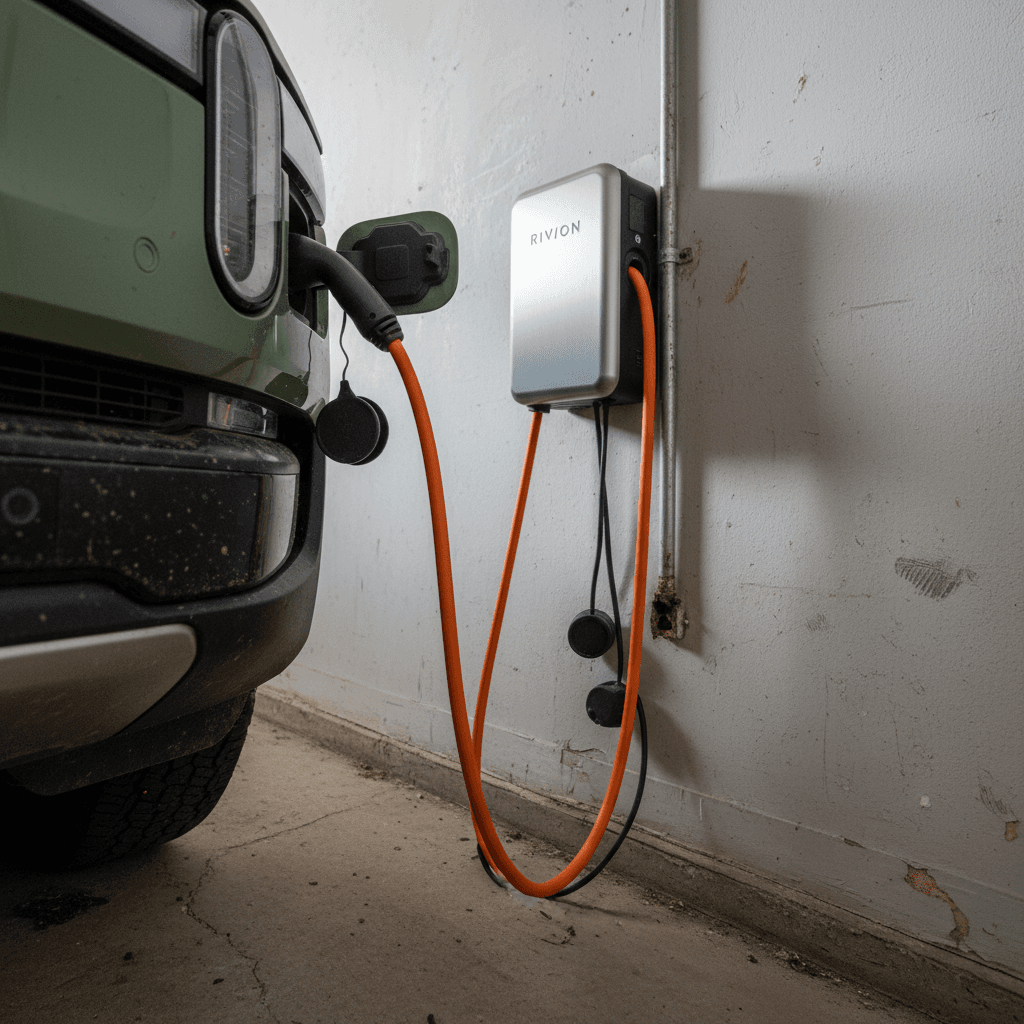 Rivian wall charger mounted on a garage wall with a Rivian R1T plugged in