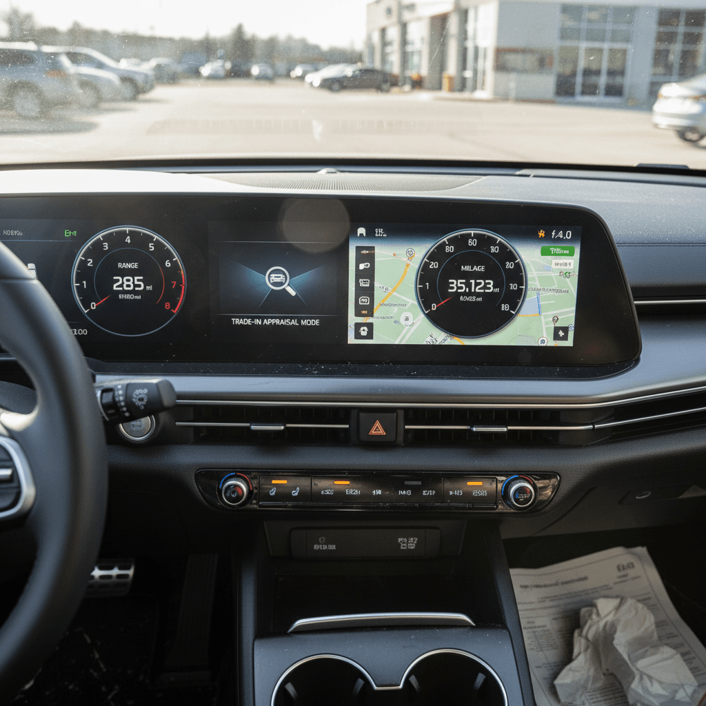 Kia EV6 digital dash close-up showing state of charge, remaining range, and odometer during appraisal