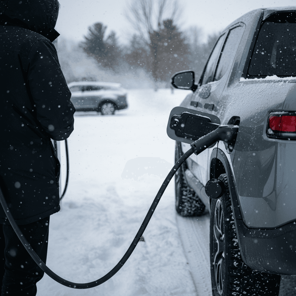 Rivian R1T charging at a fast charger during a snowy winter day
