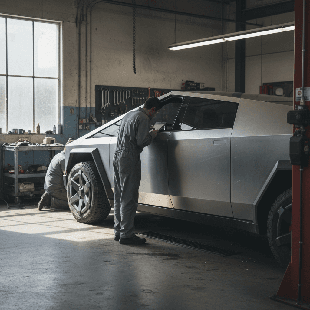 Technician inspecting a used Tesla Cybertruck on a lift during a trade‑in appraisal