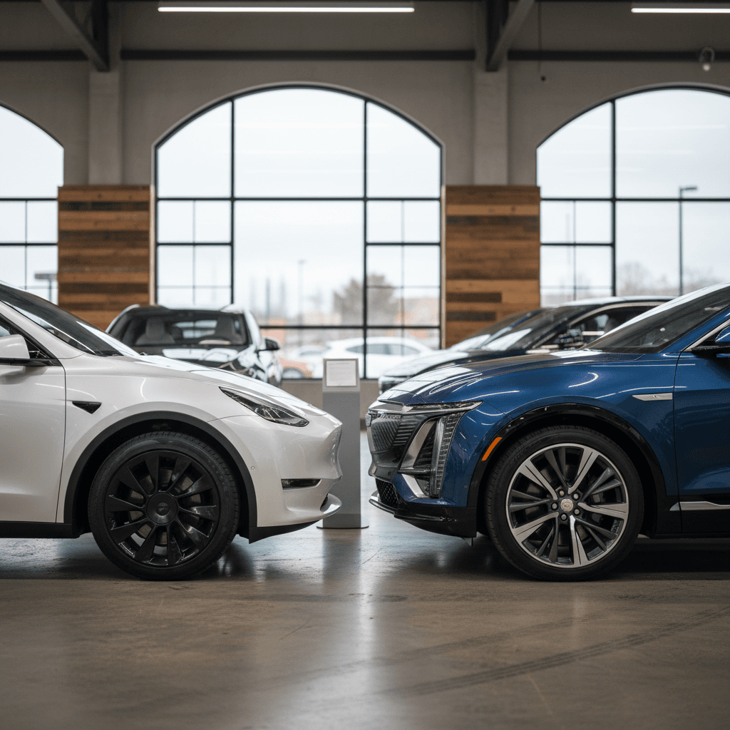 Side-by-side view of a Tesla Model Y at a Supercharger and a Cadillac Lyriq at a CCS fast charger, illustrating different charging ecosystems
