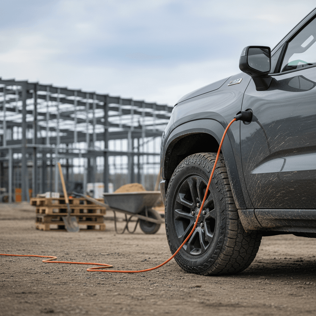Electric pickup truck towing a trailer on the highway, illustrating how upgrades and loading impact EV range.