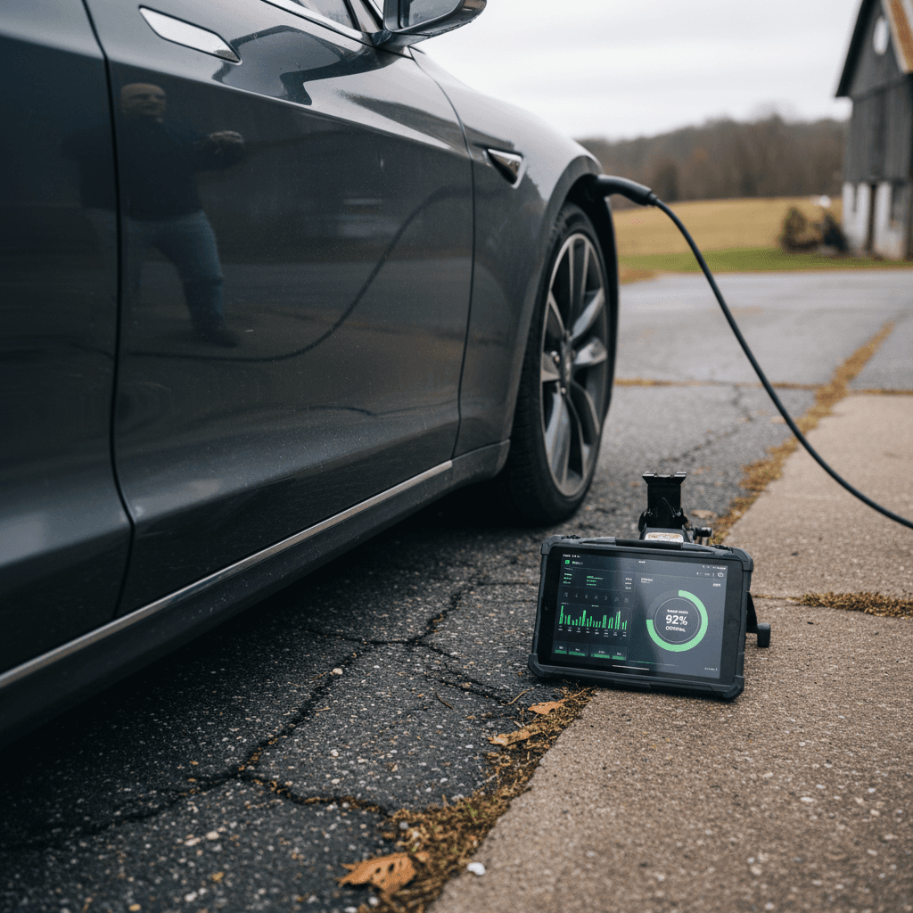 Buyer and seller reviewing a Tesla Model S battery health report on a tablet during a pre-sale inspection