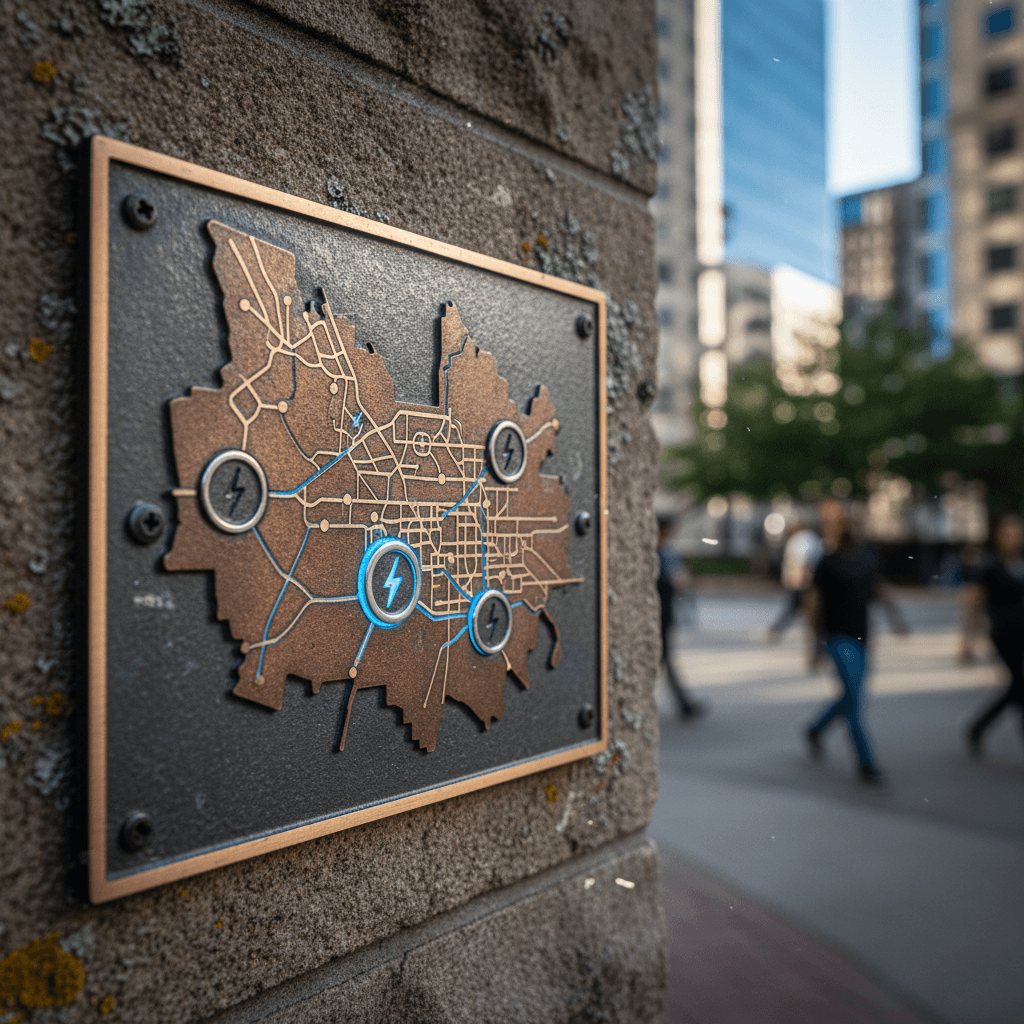 Simplified map of Columbus, Ohio highlighting clusters of EV charging stations along highways and major retail hubs