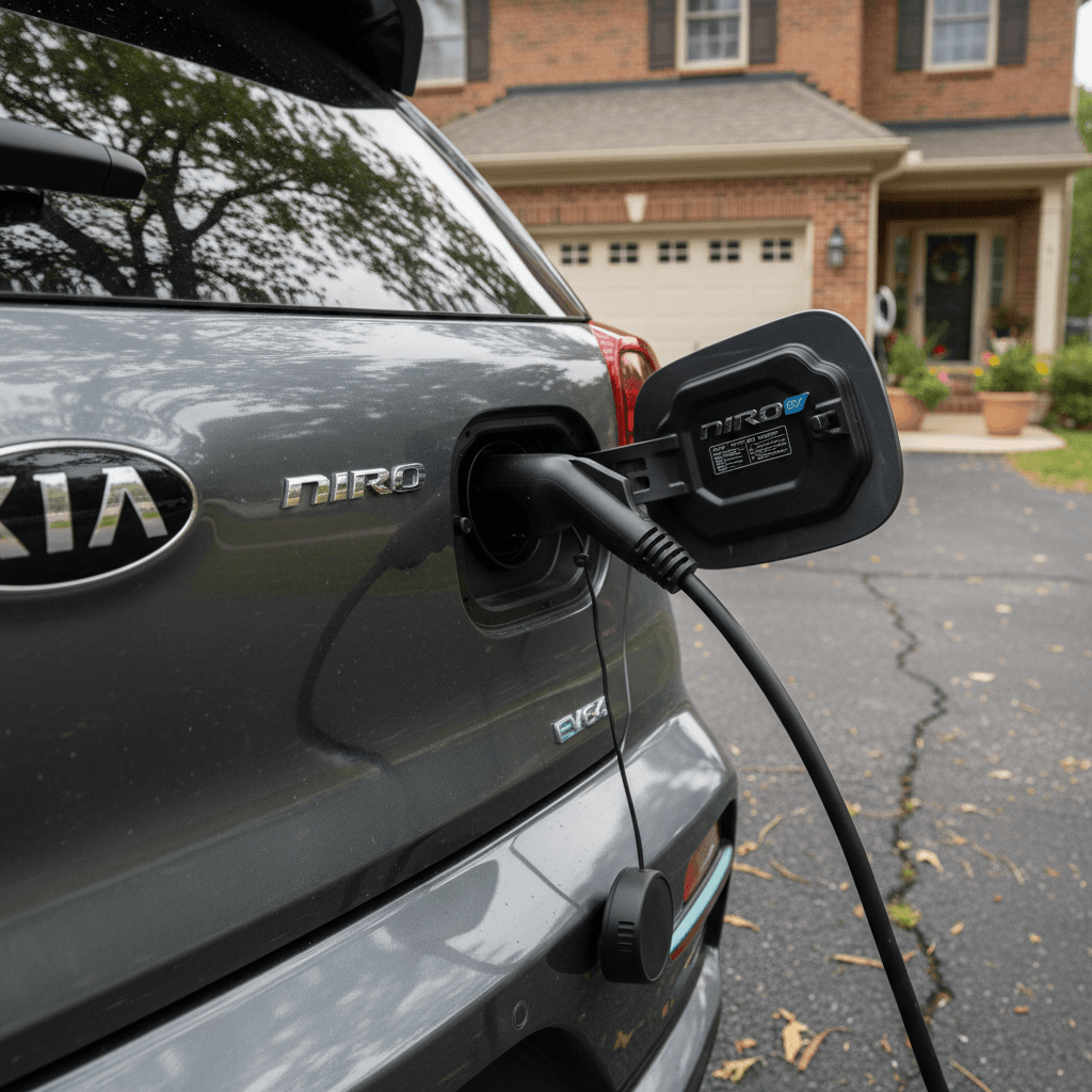 Rear three‑quarter view of a 2024 Kia Niro EV plugged into a home charger, highlighting the charging port and model badging.