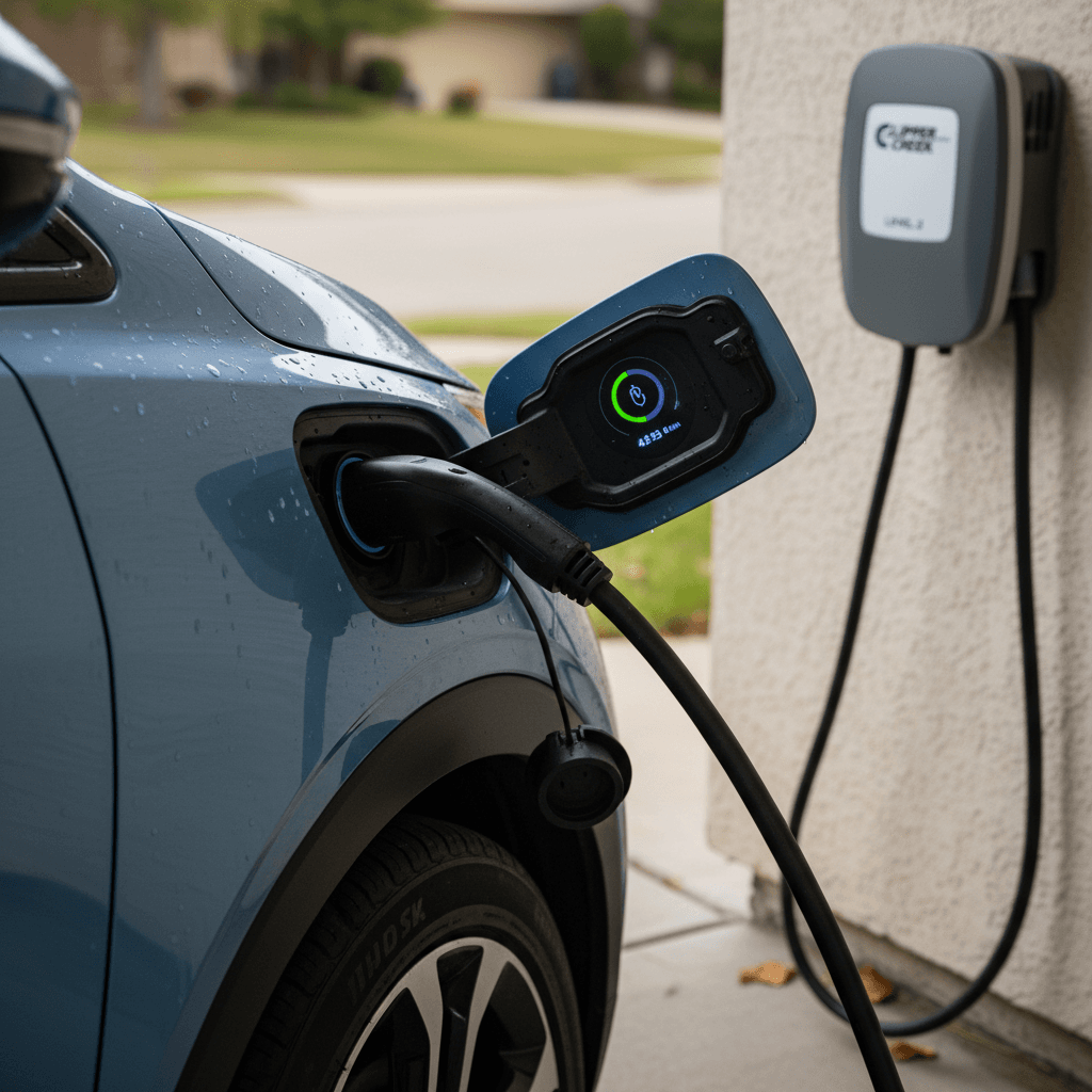 Close-up of a 2023 Chevrolet Bolt EUV plugged into a home Level 2 wall charger with the charge status lights illuminated