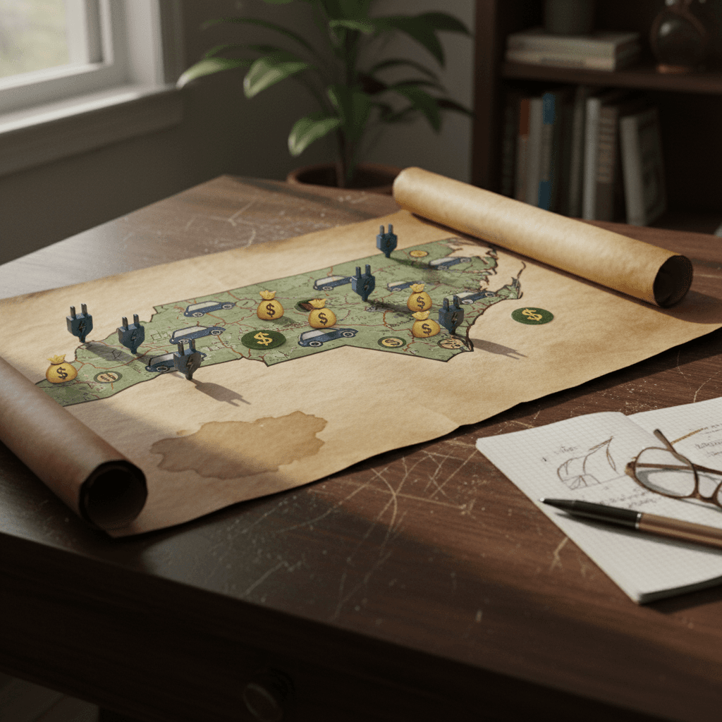 Stylized map of North Carolina with icons for public EV chargers, home charging, and cost symbols