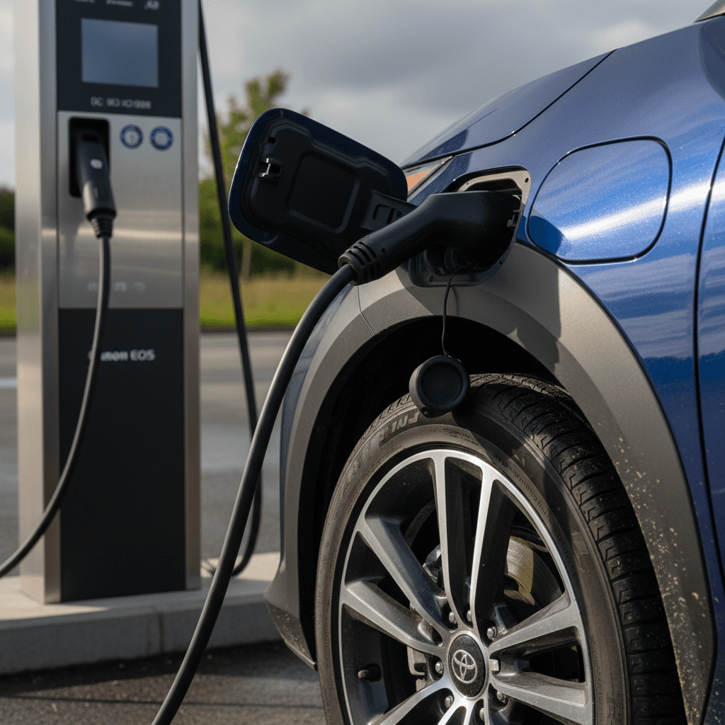 Toyota bZ4X plugged into a DC fast charger, highlighting charging and battery reliability concerns