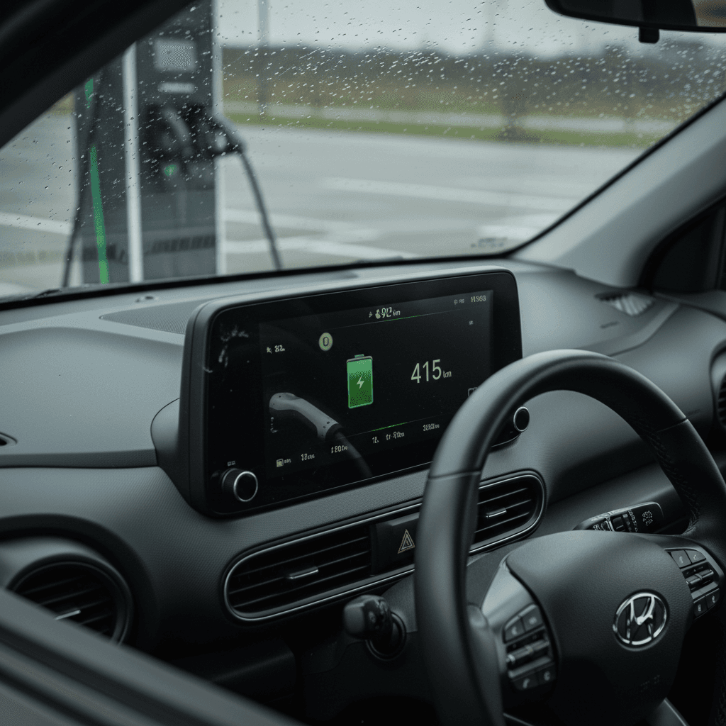 Hyundai Kona Electric plugged into a DC fast charger showing state of charge and estimated remaining range on its digital dashboard display