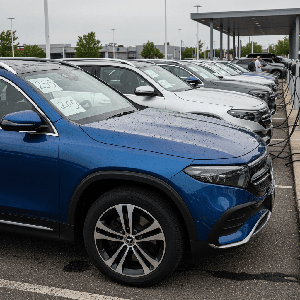 Row of used Mercedes EQB electric SUVs parked on a lot with visible price stickers