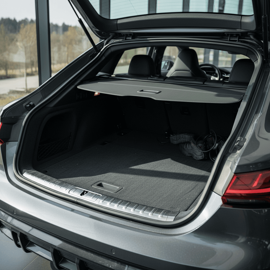 Audi e-tron GT trunk with rear seats folded flat, showing extended cargo floor