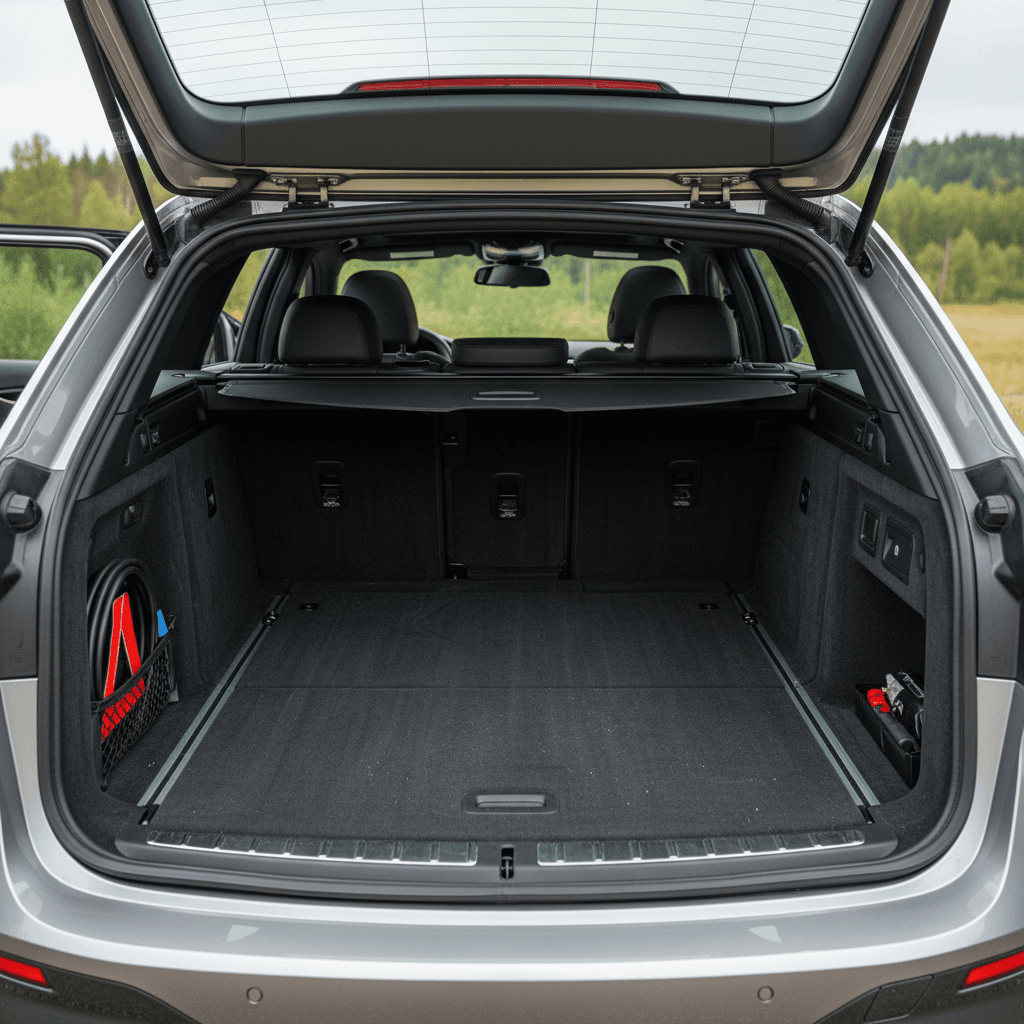 BMW i5 Touring rear cargo area with the rear seats folded flat, showing long and wide load bay