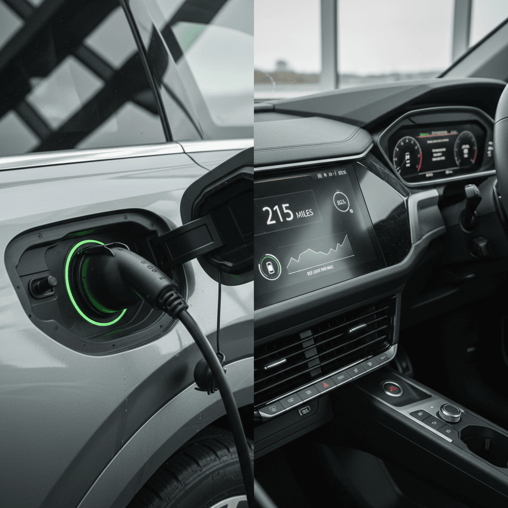 Digital display showing Audi Q4 e-tron charging status and estimated range while plugged in