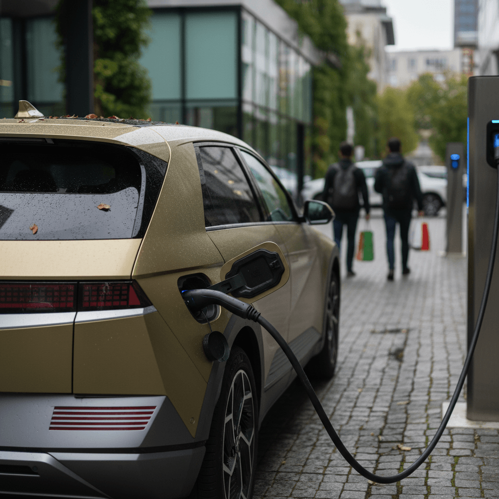 Family loading luggage into an electric SUV before a road trip