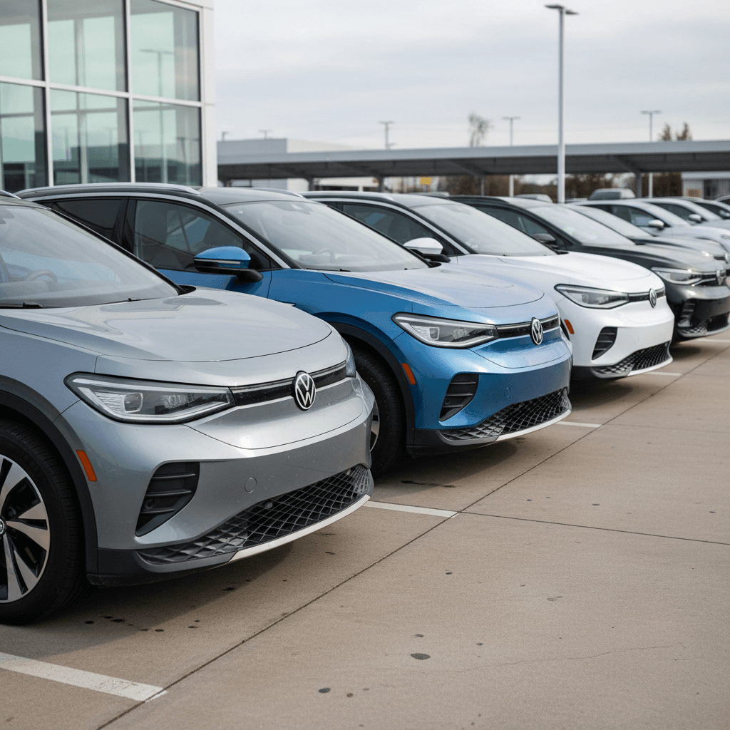 Lineup of several VW ID.4 SUVs from different model years parked side by side in a dealership lot